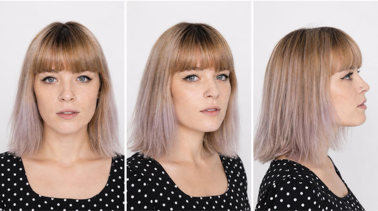 three studio views of serebella, a singer with a pale lavender bob, dark winged eyeliner and a polka-dot blouse